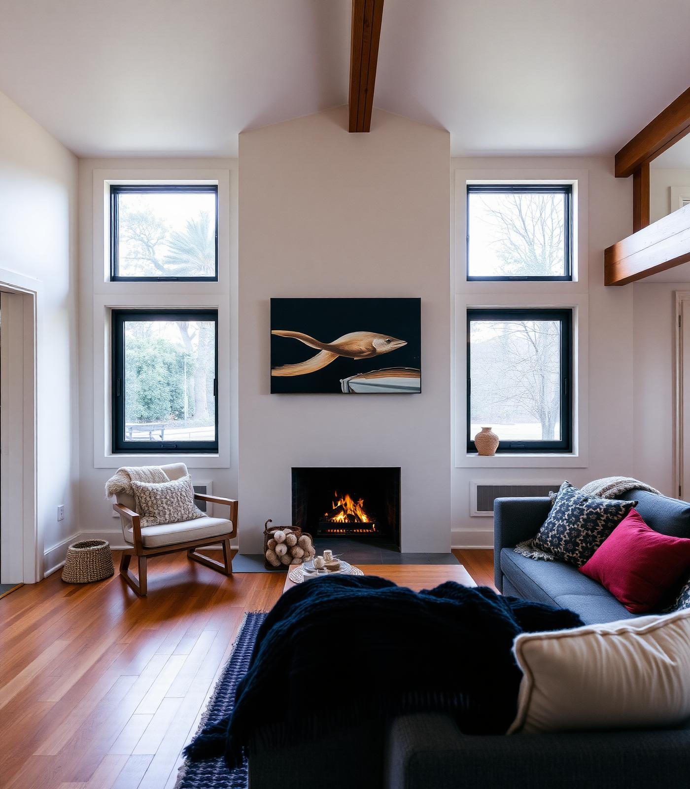 A warm Tasmanian living room at dusk